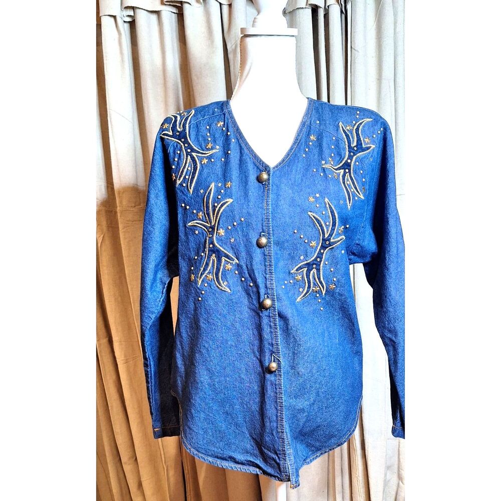 Bingo Bingo Vintage Embroidered Denim Button Up Top Shoulder Pads Womens Sz 10p